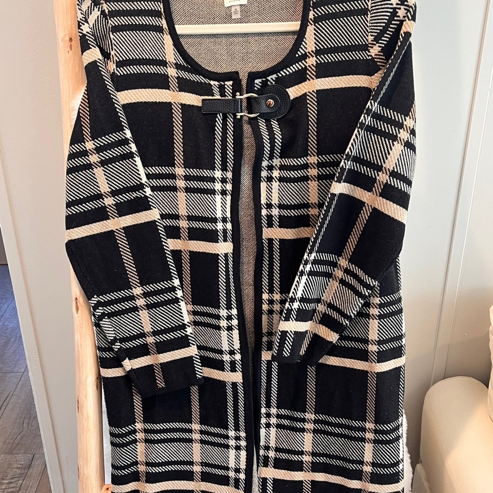 Anne Klein Black and Cream Plaid Trench Coat